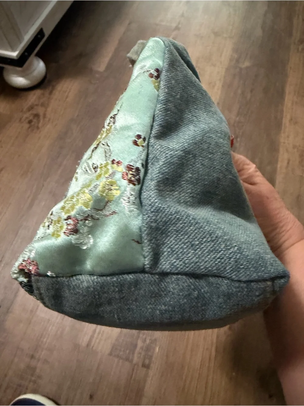 Patchwork Heart Denim Bag in Sage Green and gold accent colors.